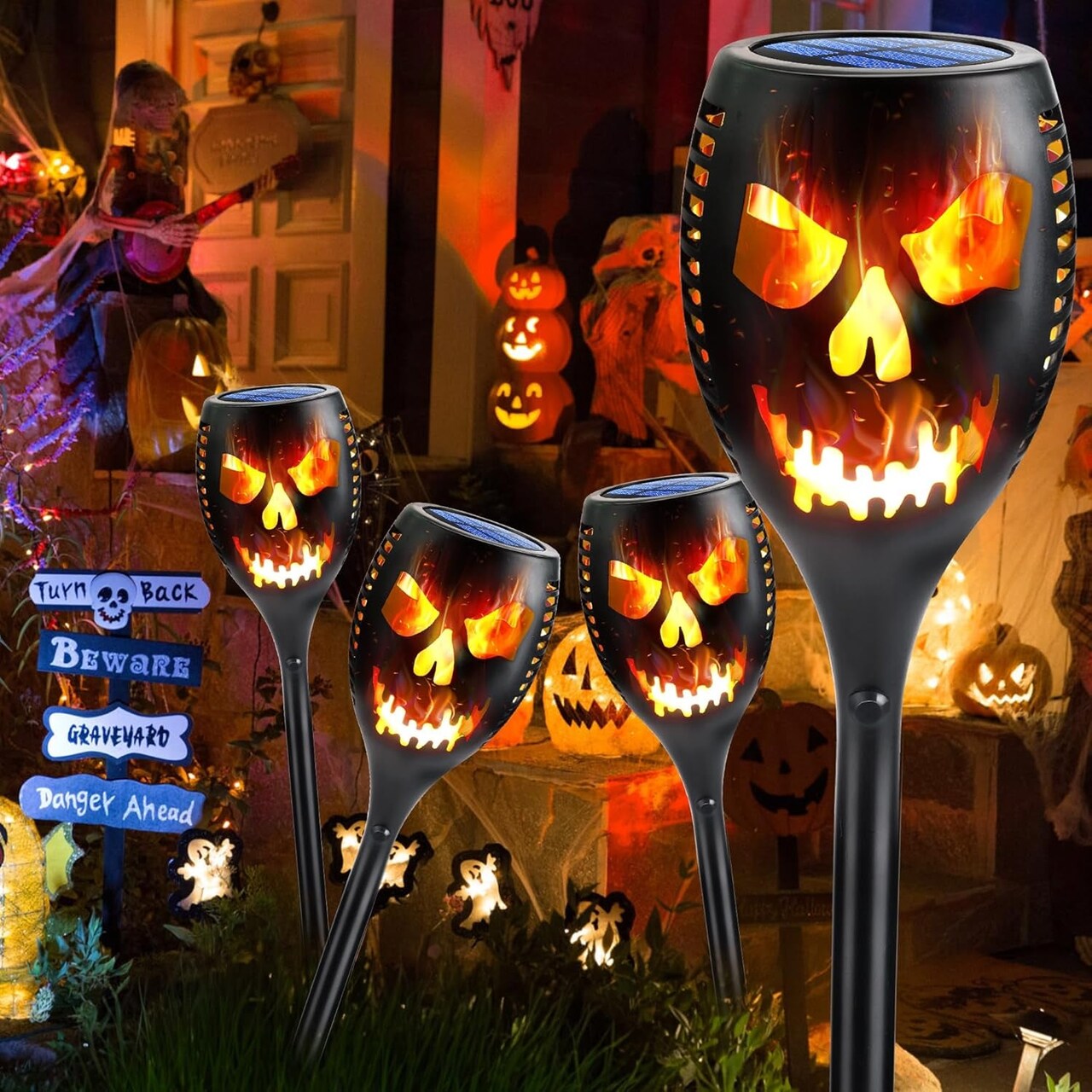 Solar Halloween Lights Outdoor, 4 Packs Super Larger Size Solar Torch Light with Flickering Flame, Waterproof LED Flame Lights for outside Garden Yard Patio Pathway Halloween Decoratrions